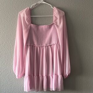 Pink off Shoulder Dress with Sheer Sleeves